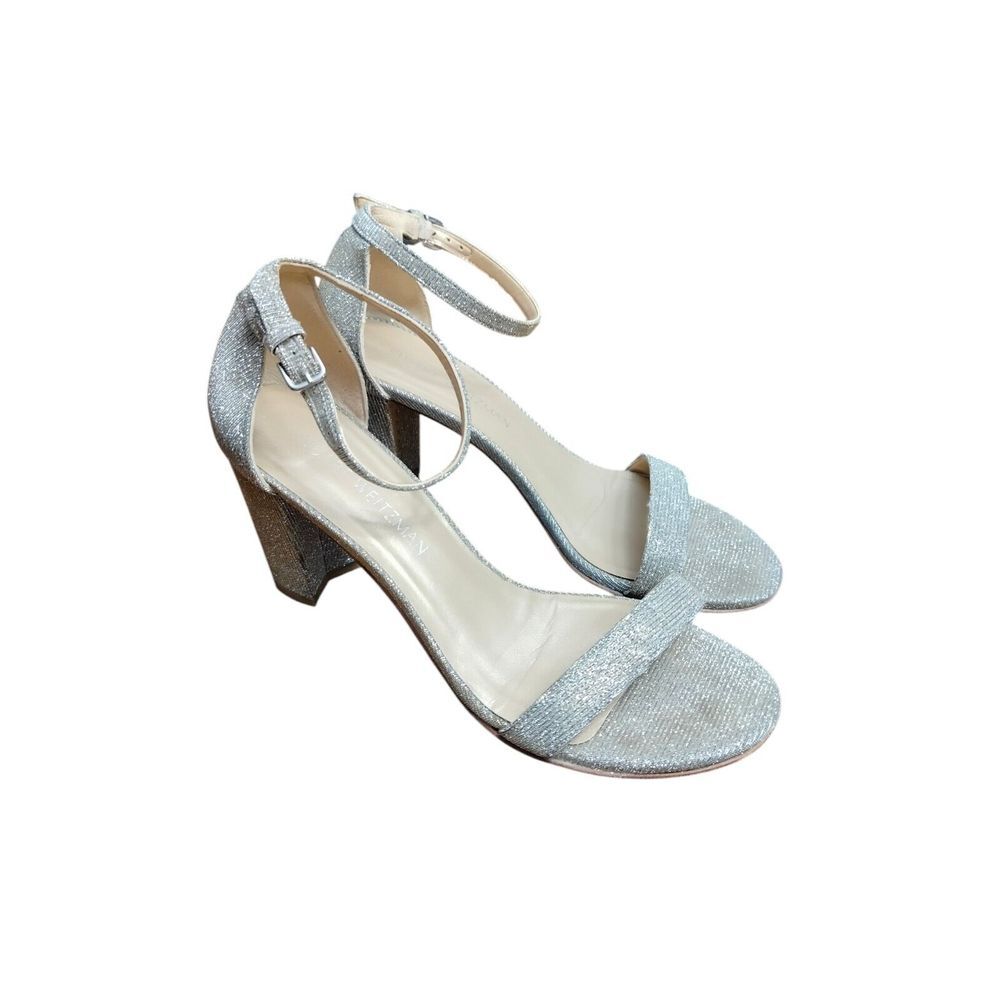 Stuart Weitzman Block Heels Womens Silver Nearlynude Strap Sandal Open Toe Spain